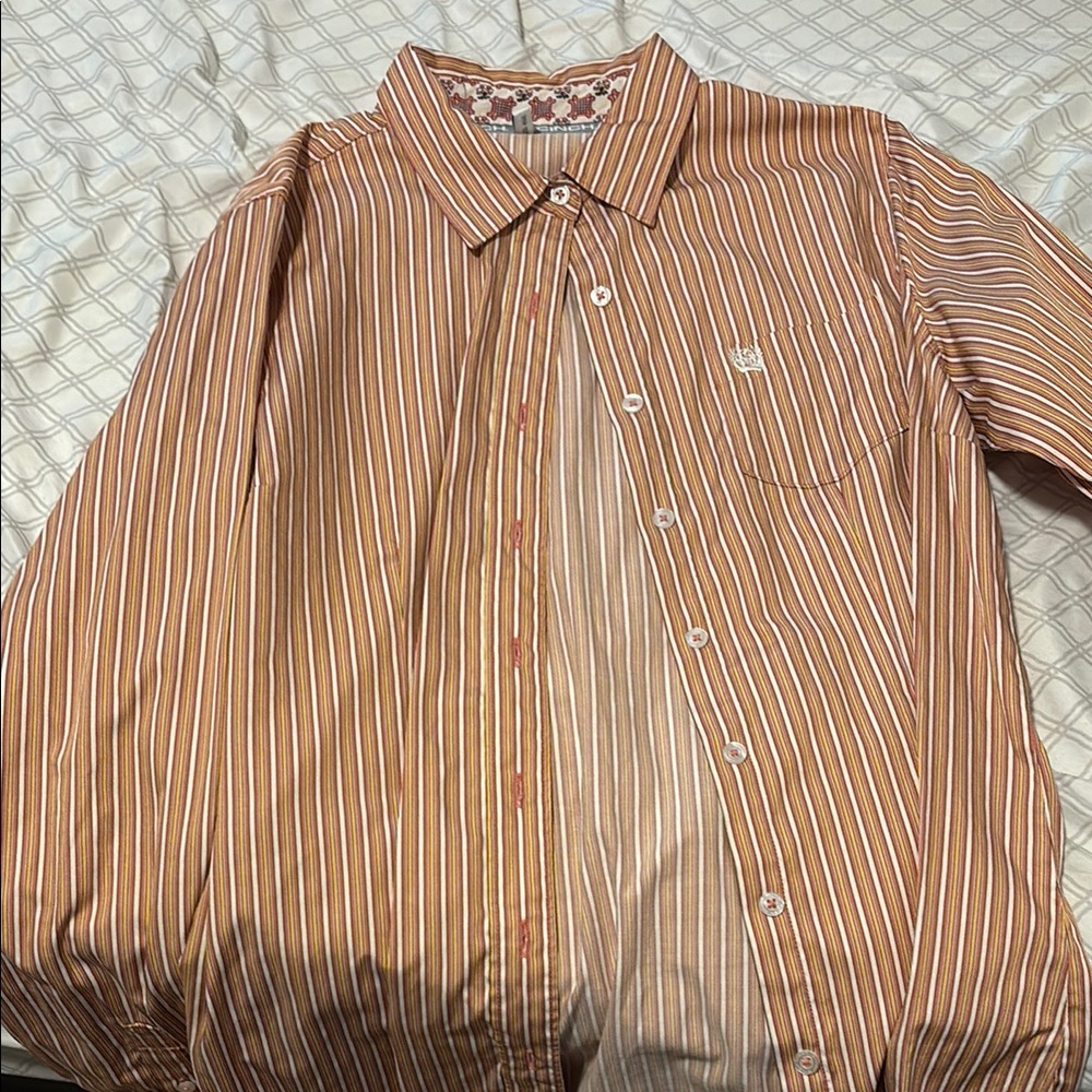 Cinch Orange Button Down Shirt with Vertical Stripes